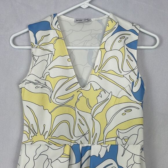 Zara White Yellow and Blue Printed Sleeveless Retro Mini Dress. Size Small. - Picture 2 of 11